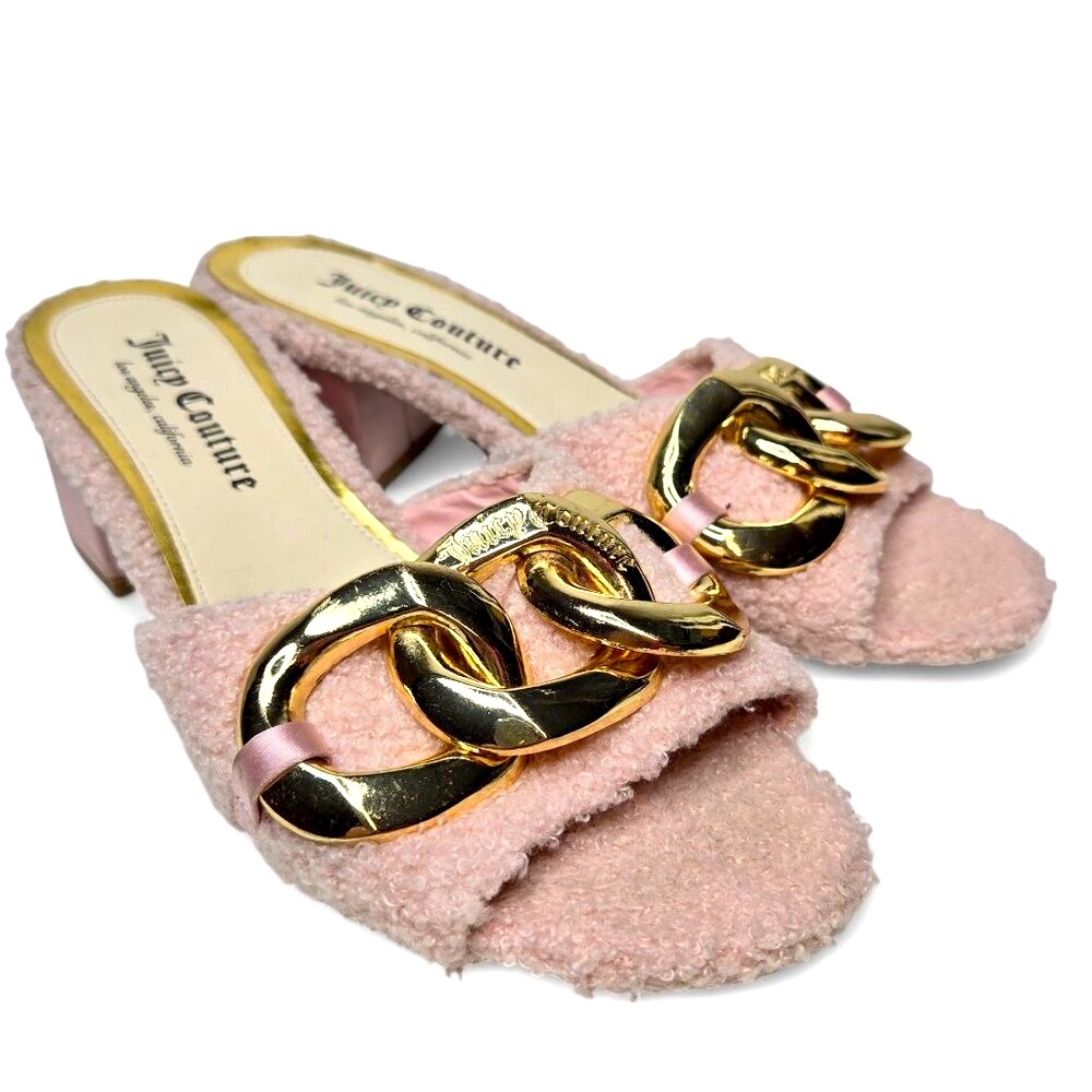 Juicy Couture Zumi Sandals Women's Furry Pink Chunky Gold Chain Slip On Heels 8